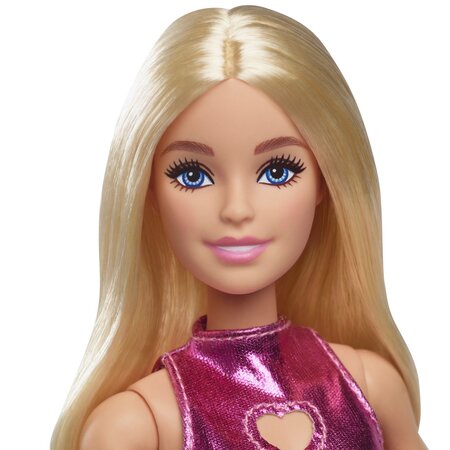 Papusa Barbie, Fashionistas blonda cu rochita roz metalica, 3 ani+, Mattel 784667