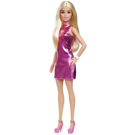 Papusa Barbie, Fashionistas blonda cu rochita roz metalica, 3 ani+, Mattel 784666