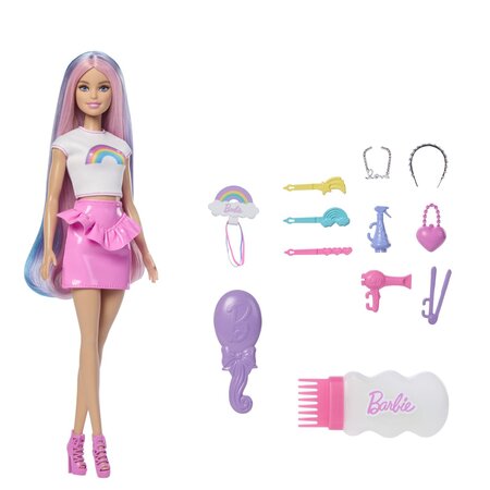 Papusa Barbie cu par stralucitor curcubeu, 3 ani+, Mattel 784682