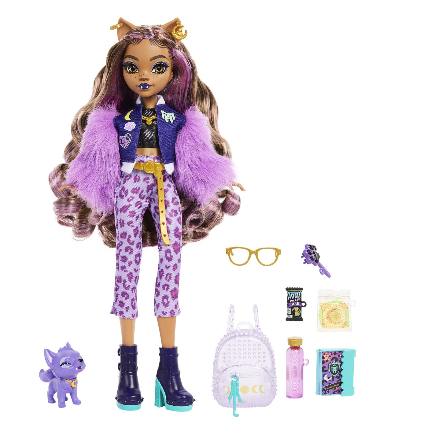 Papusa cu accesorii, Clawdeen Wolf si catelul Crescent, 4 ani+, Monster High
