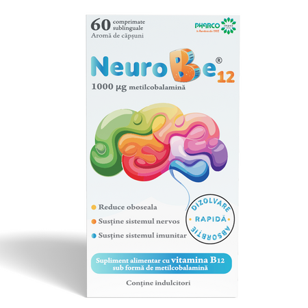 NeuroBe 12, 1000 mcg, Capsuni, 60 comprimate sublinguale, Pharco 788535