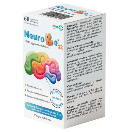 NeuroBe 12, 1000 mcg, Capsuni, 60 comprimate sublinguale, Pharco 788538