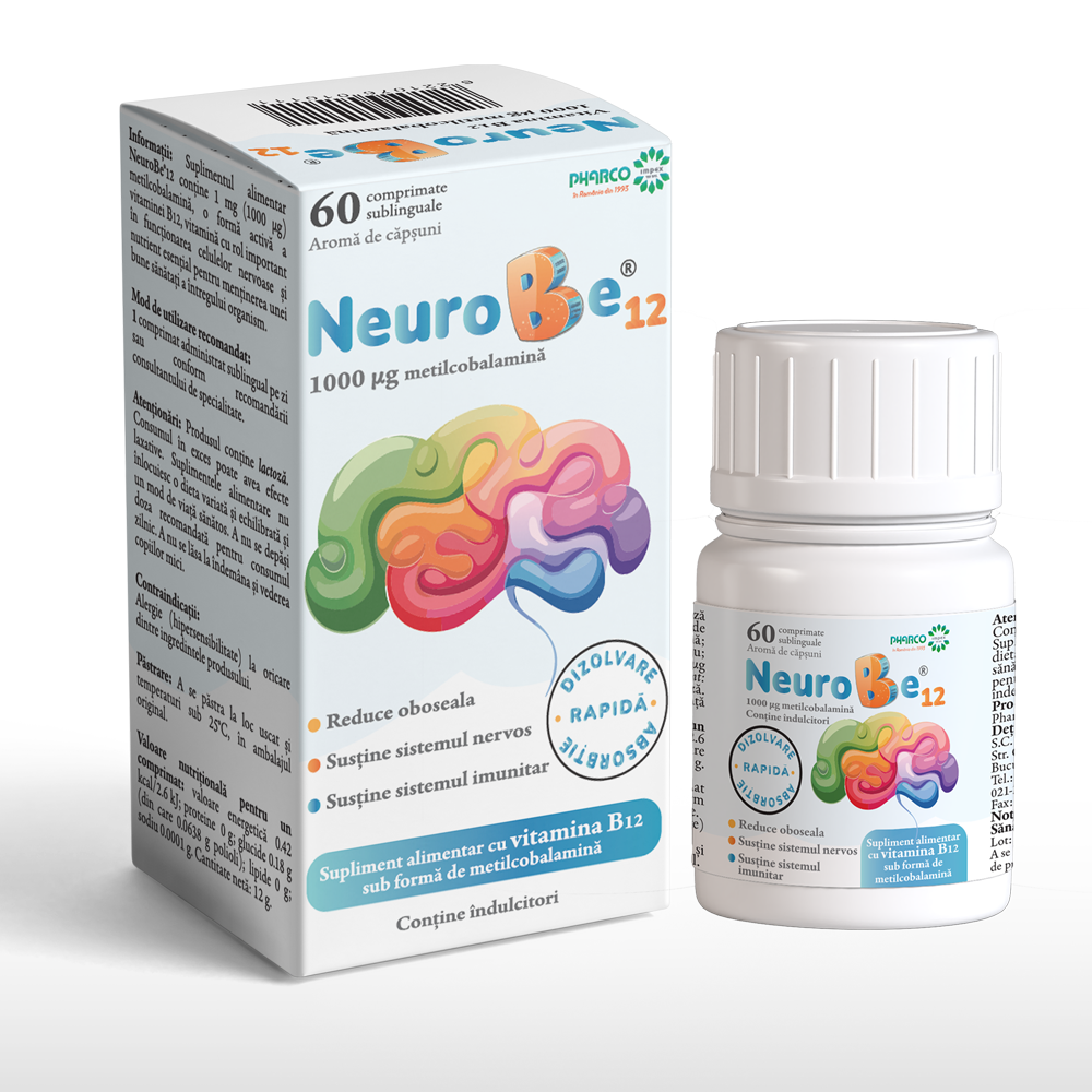 NeuroBe 12, 1000 mcg, Capsuni, 60 comprimate sublinguale, Pharco