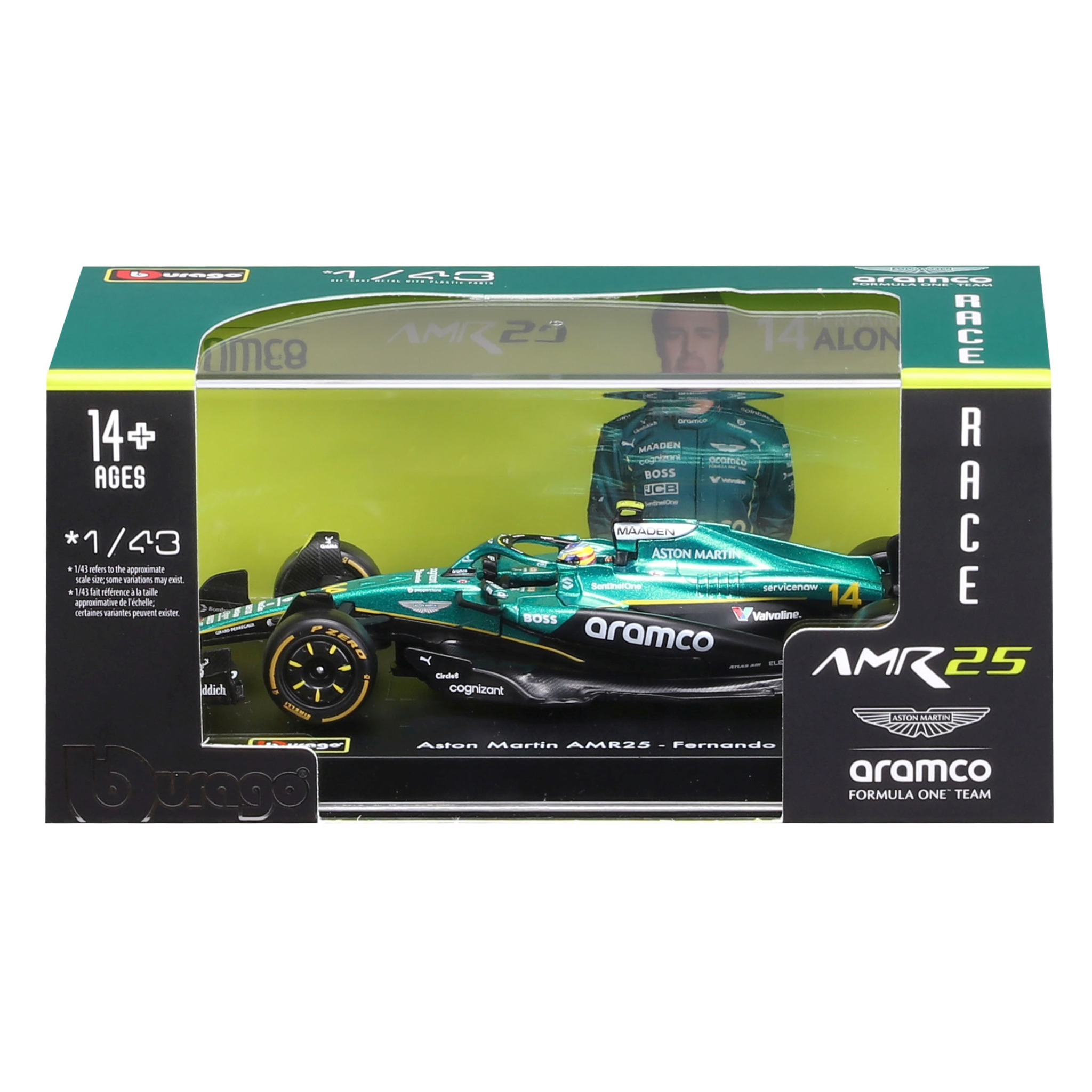 Macheta Formula 1 Aston Martin, 1:43, Fernando Alonso cu casca, 14 ani+, Bburago