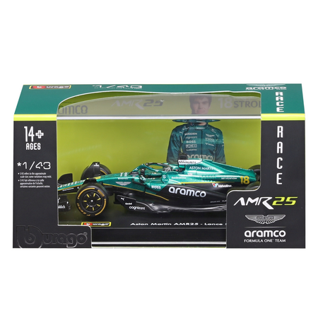Macheta Formula 1 Aston Martin, 1:43, Lance Stroll cu casca, 14 ani+, Bburago