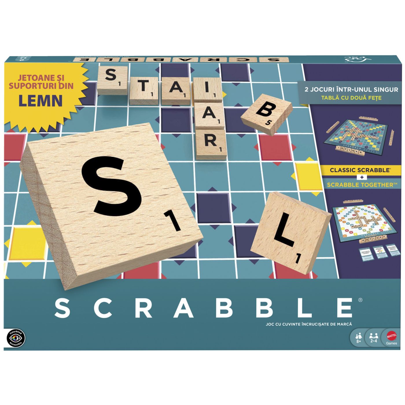 Joc Scrabble 2 in 1 din lemn in Limba Romana, MTJLJ65, Mattel
