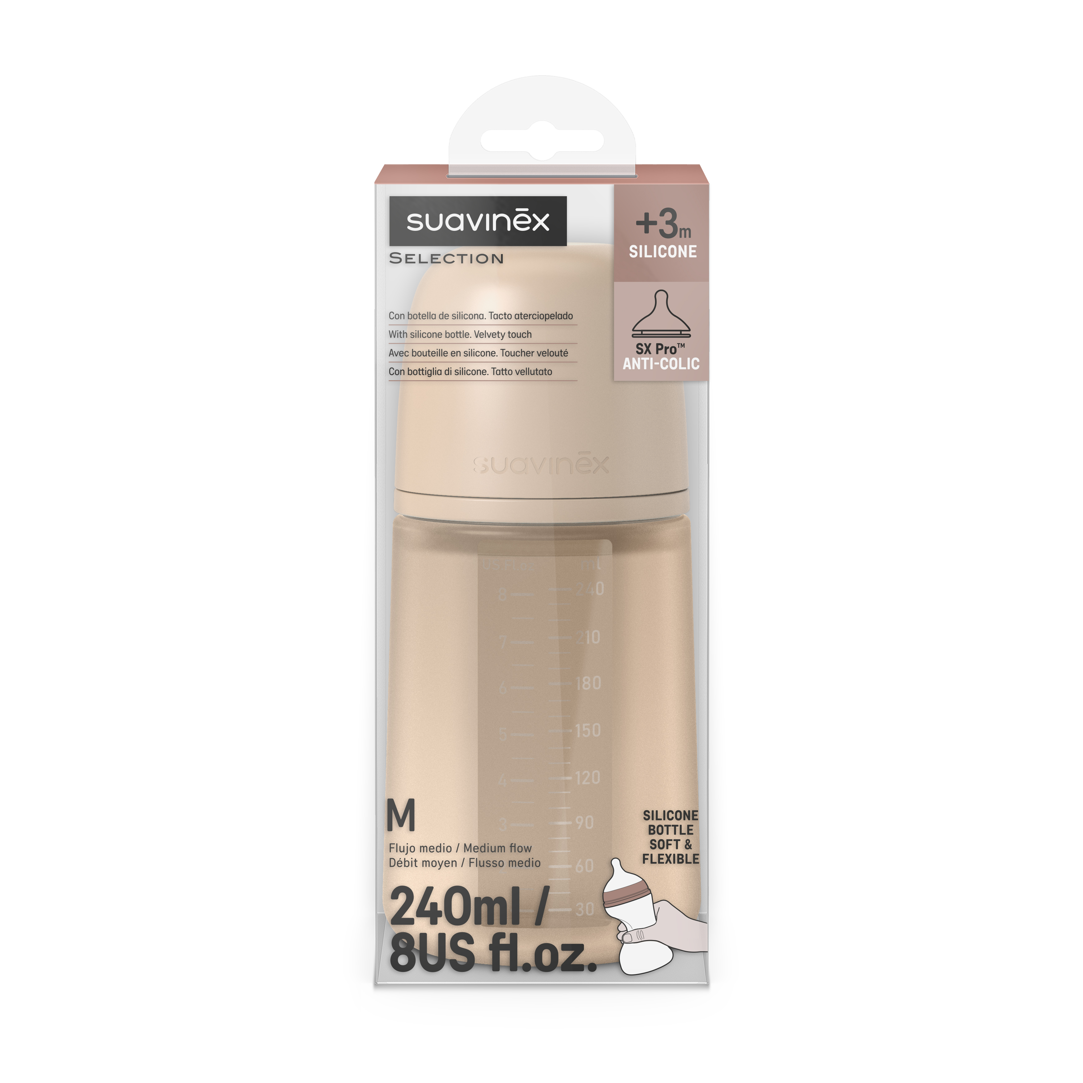 Biberon din silicon cu tetina SX PRo Soft debit mediu Colour Essence, Beige, 3 luni+, 240 ml, Suavinex