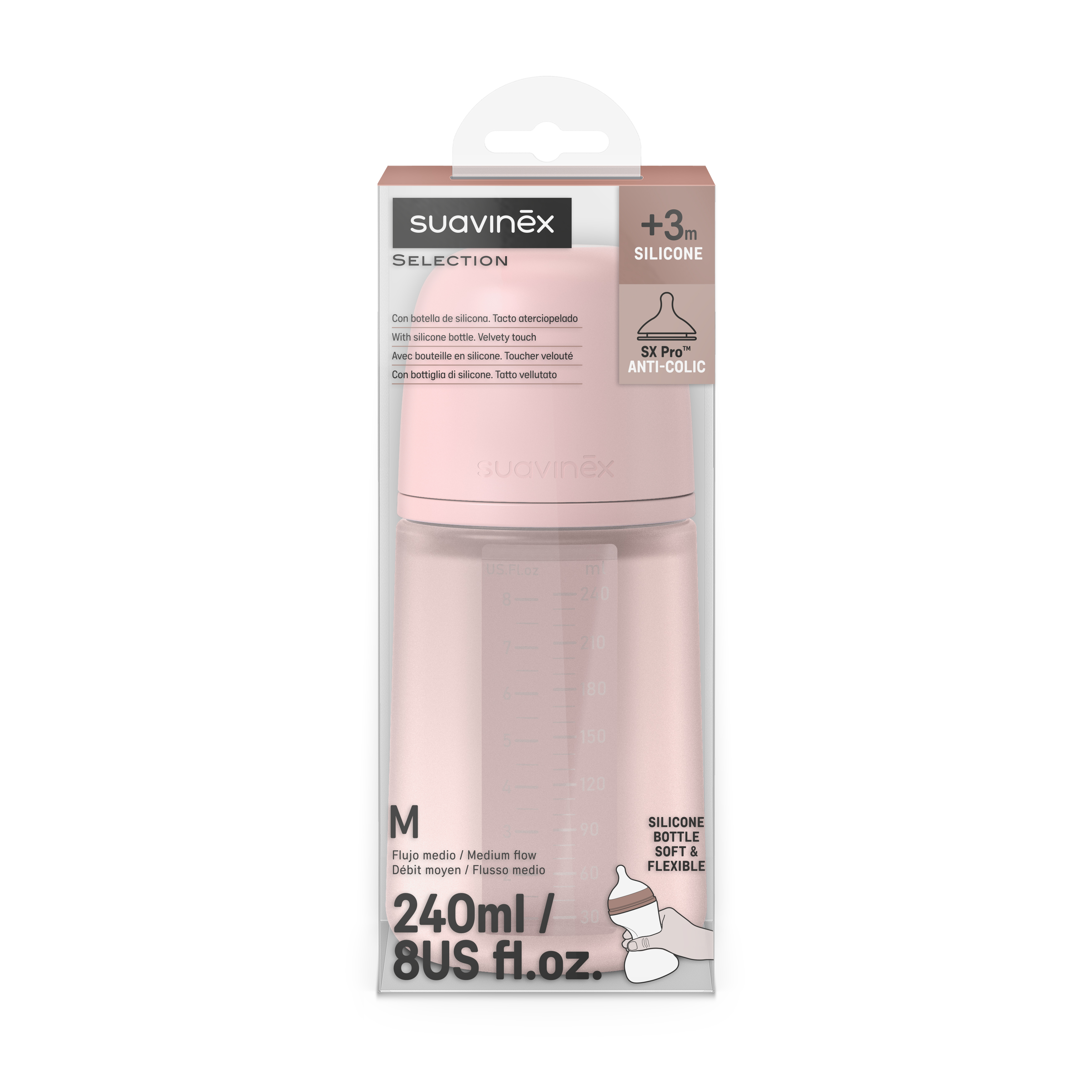 Biberon din silicon cu tetina SX PRo Soft debit mediu Colour Essence, Roz, 3 luni+, 240 ml, Evogen