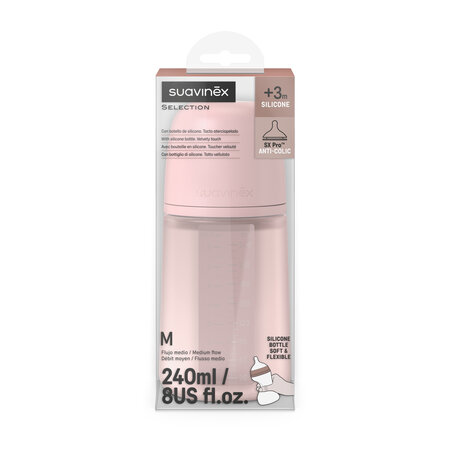 Biberon din silicon cu tetina SX PRo Soft debit mediu Colour Essence, Roz, 3 luni+, 240 ml, Evogen