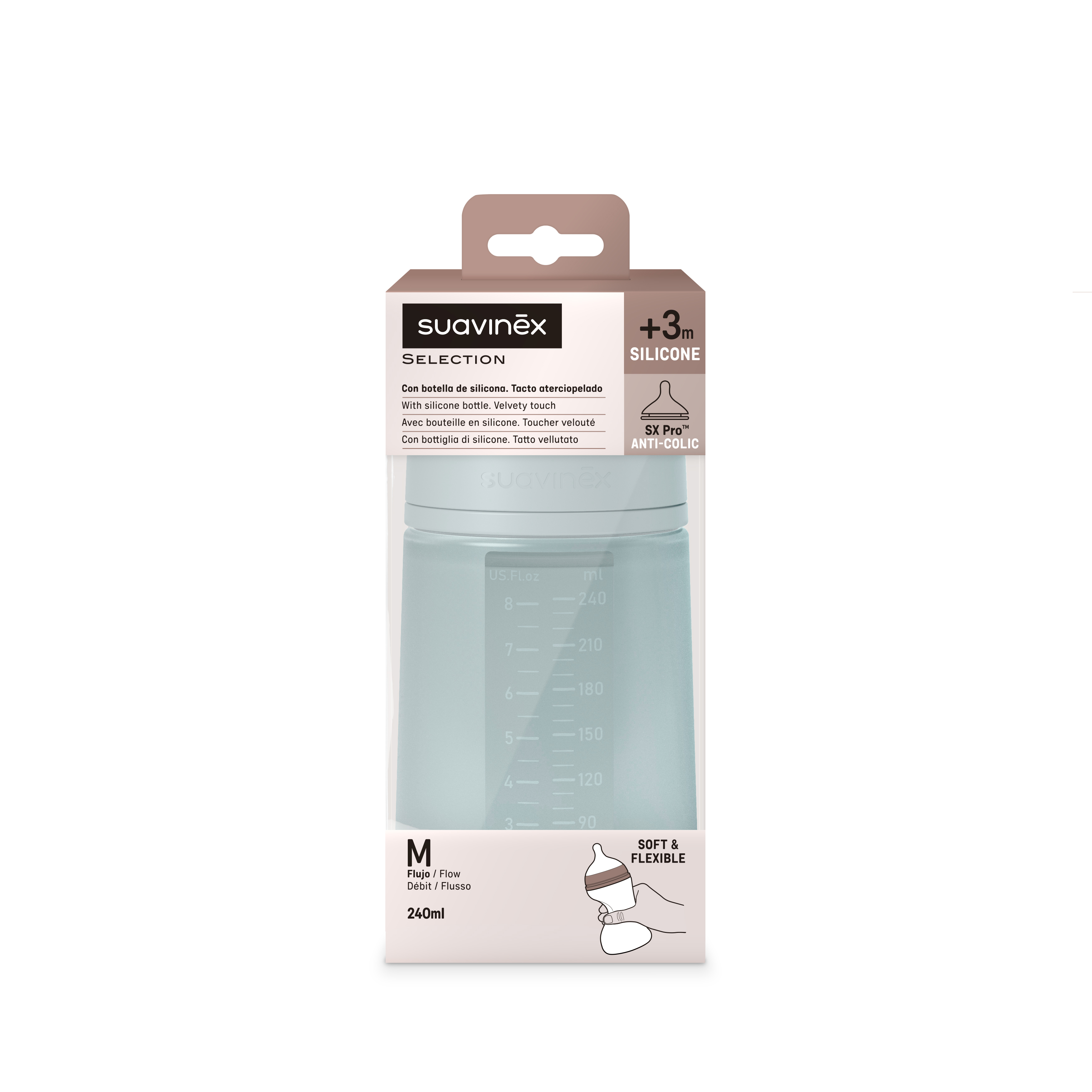 Biberon din silicon cu tetina SX PRo Soft debit mediu Colour Essence, Albastru, 3 luni+, 240 ml, Suavinex