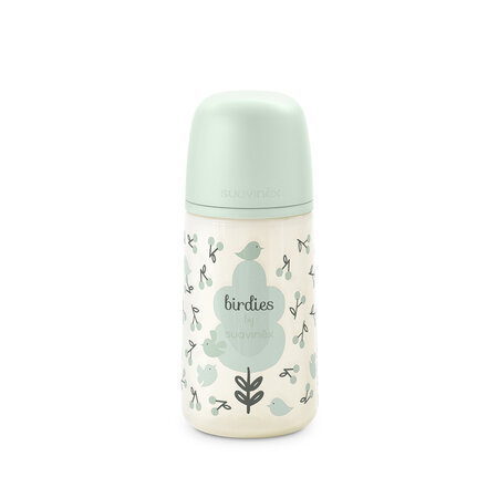 Biberon cu tetina flux mediu SX pro Birdies, Menta, 3 luni+, 270 ml, Suavinex