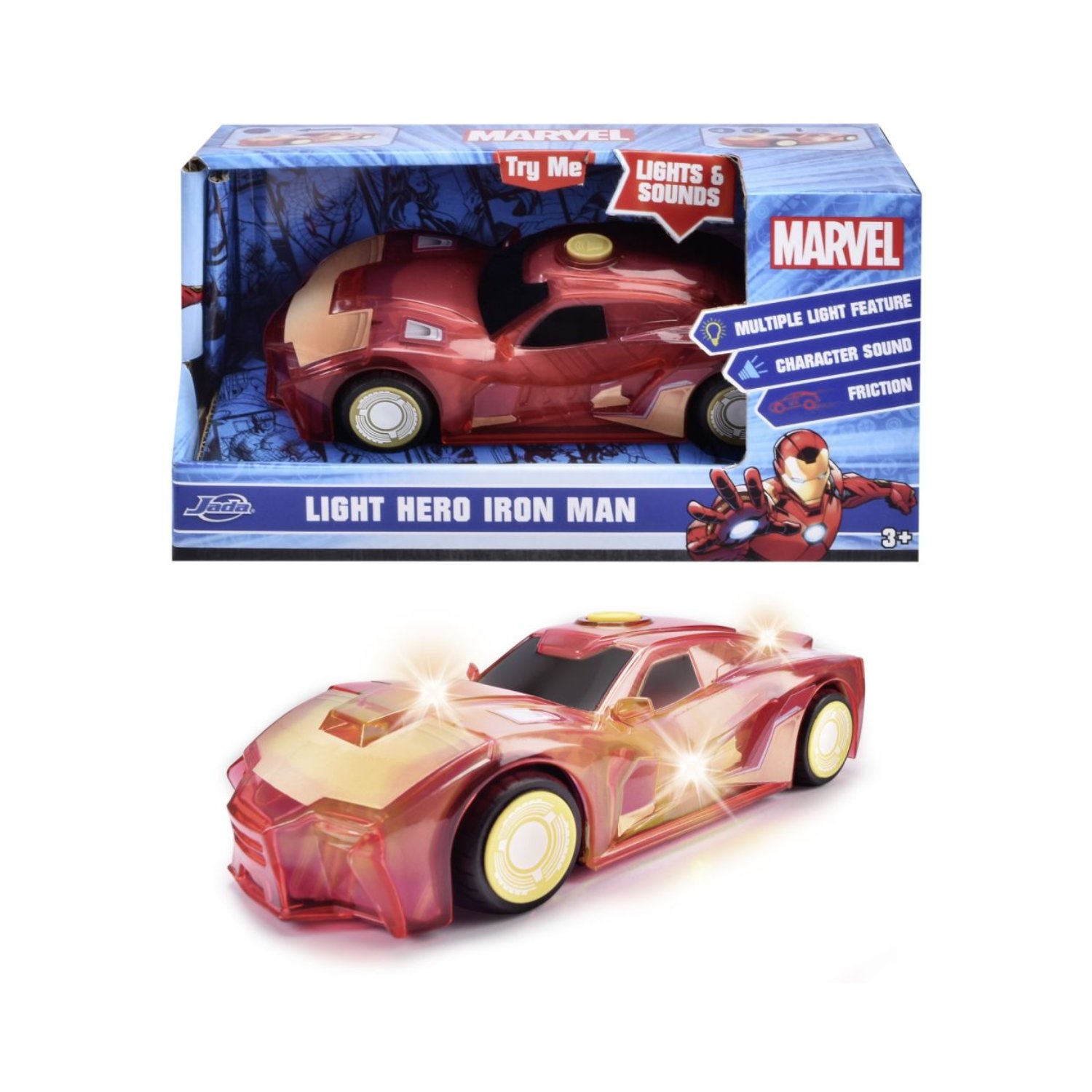 Masinuta Light Hero cu sunet si lumini, 1:43, Iron Man, 3 ani+, Jada Marvel