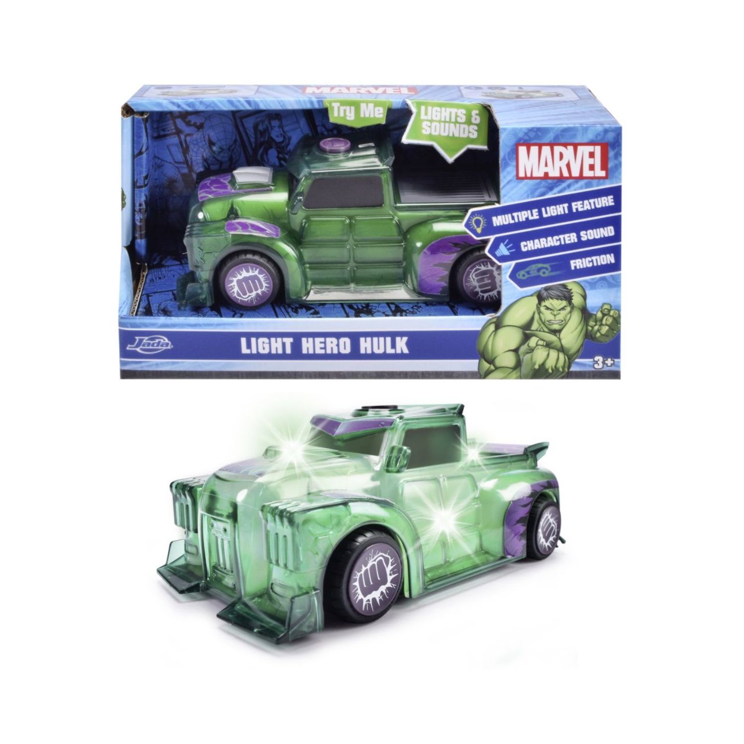 Masinuta Light Hero cu sunete si lumini, 1:32, Hulk, 3 ani+, Jada Marvel