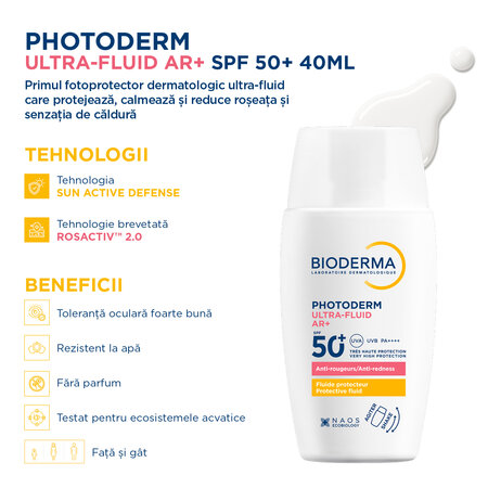 Protectie solara pentru ten sensibil cu roseata Photoderm Ultra-Fluid AR+, SPF 50+, 40 ml, Bioderma 787829