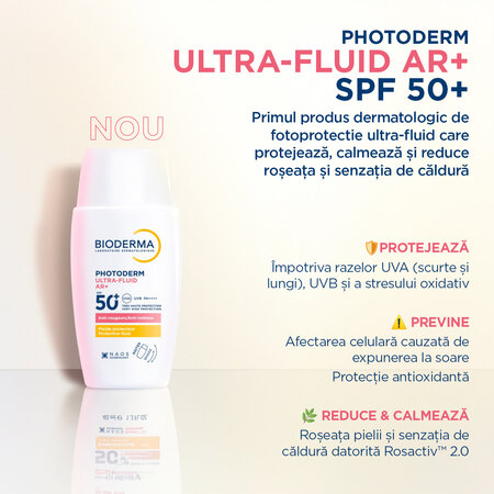 Protectie solara pentru ten sensibil cu roseata Photoderm Ultra-Fluid AR+, SPF 50+, 40 ml, Bioderma 787836