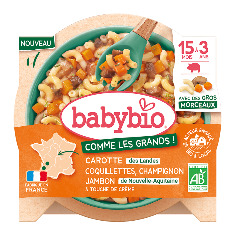 Meniu Bio Morcovi, Ciuperci, Jambon si Paste, + 15 luni, 200 g, BabyBio