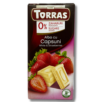 Ciocolata alba cu capsune si indulcitori, 75 g, Torras