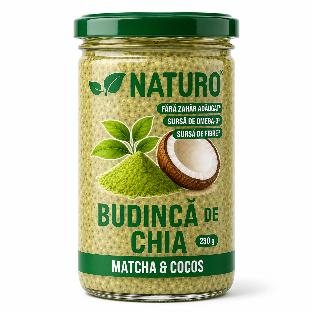 Budinca de chia cu matcha, 230 g, Naturo
