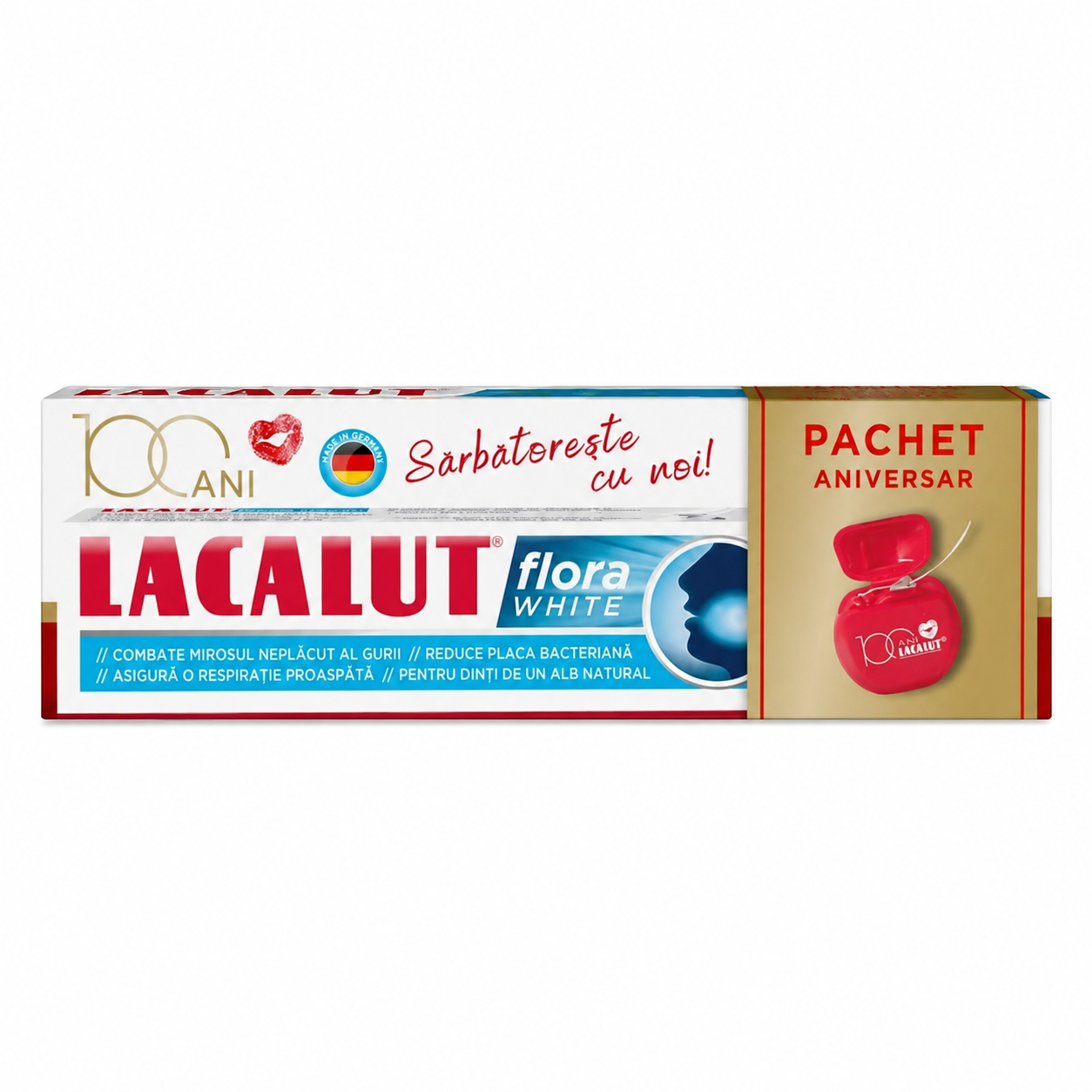 Pachet Pasta de dinti Flora White 75 ml + Ata dentara 50M, Lacalut
