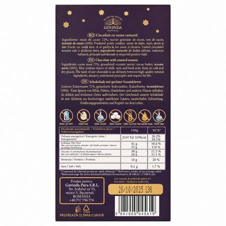 Ciocolata Artizanala cu susan rumenit, 100 g, Govinda 788844