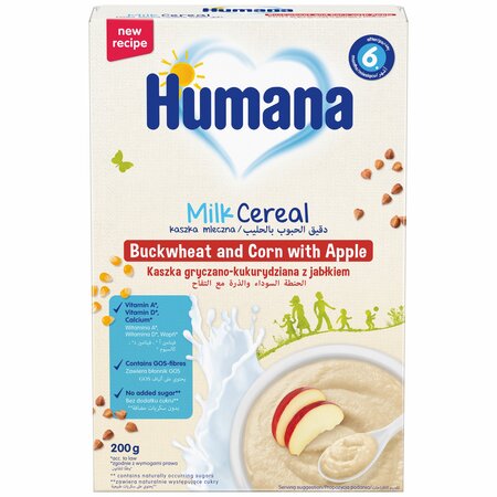 Cereale cu Lapte, Hrisca, Porumb si Mar, luni+, 200 g, Humana