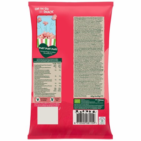 Puffcorn Snack Bio cu Capsuni si Mere, 12 luni+, 4 x 10 g, Organix 790989