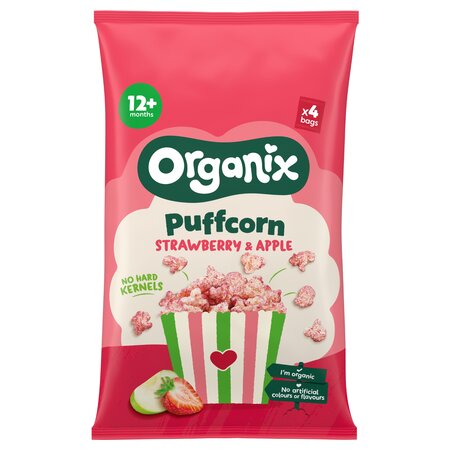 Puffcorn Snack Bio cu Capsuni si Mere, 12 luni+, 4 x 10 g, Organix
