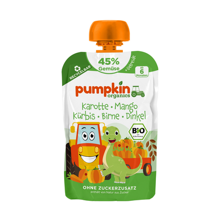 Piure Bio din Morcov, Mango, Dovleac, Pere si Spelta, 6 luni+, 100 g, Pumpkin Organics