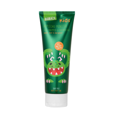 Sampon si gel de dus pentru copii 2 in 1 cu cu ulei de menta, bergamota si parfum de mar, Applechu Monster, 250 ml, Biobaza Kids