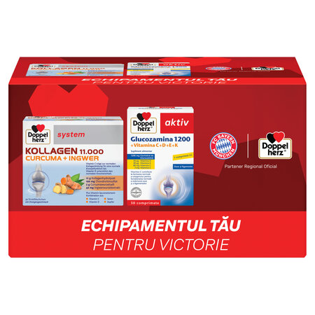 Pachet Kollagen 11000 Curcuma + Ghimbir si Glucozamina 1200, 30 flacoane + 30 comprimate, Doppelherz