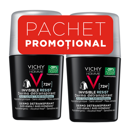 Pachet Deodorant antiperspirant roll-on pentru barbati Invisible Resist 72H, 2 x 50 ml, Vichy