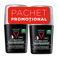 Pachet Deodorant antiperspirant roll-on pentru barbati Invisible Resist 72H, 2 x 50 ml, Vichy