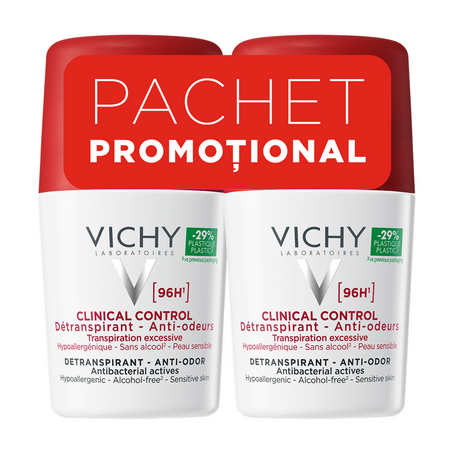 Pachet Deodorant roll-on antiperspirant Clinical Control 96H, 2 x 50 ml, Vichy