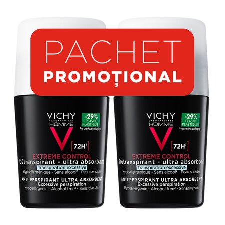 Pachet Deodorant roll-on antiperspirant pentru barbati Control Extrem 72H, 2 x 50 ml, Vichy