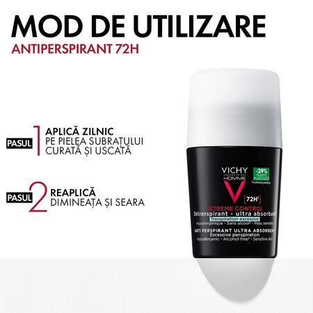 Pachet Deodorant roll-on antiperspirant pentru barbati Control Extrem 72H, 2 x 50 ml, Vichy 793470