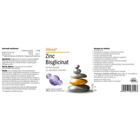Zinc bisglicinat, 30 capsule vegetale, Alevia 794220