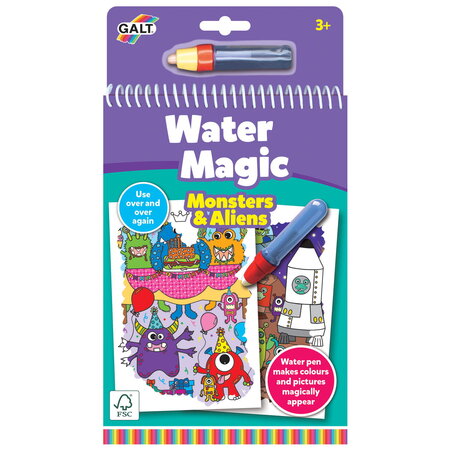 Carte de colorat reutilizabila cu apa Water Magic, Monstruleti si extraterestrii, 3 ani+, Galt