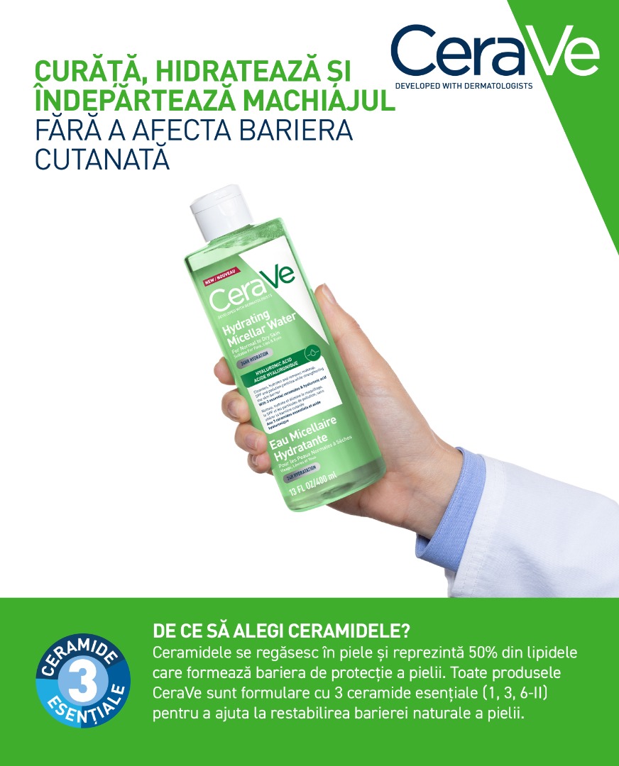 CeraVe Apa micelara Hidratanta - curata, hidrateaza si indeparteaza machiajul