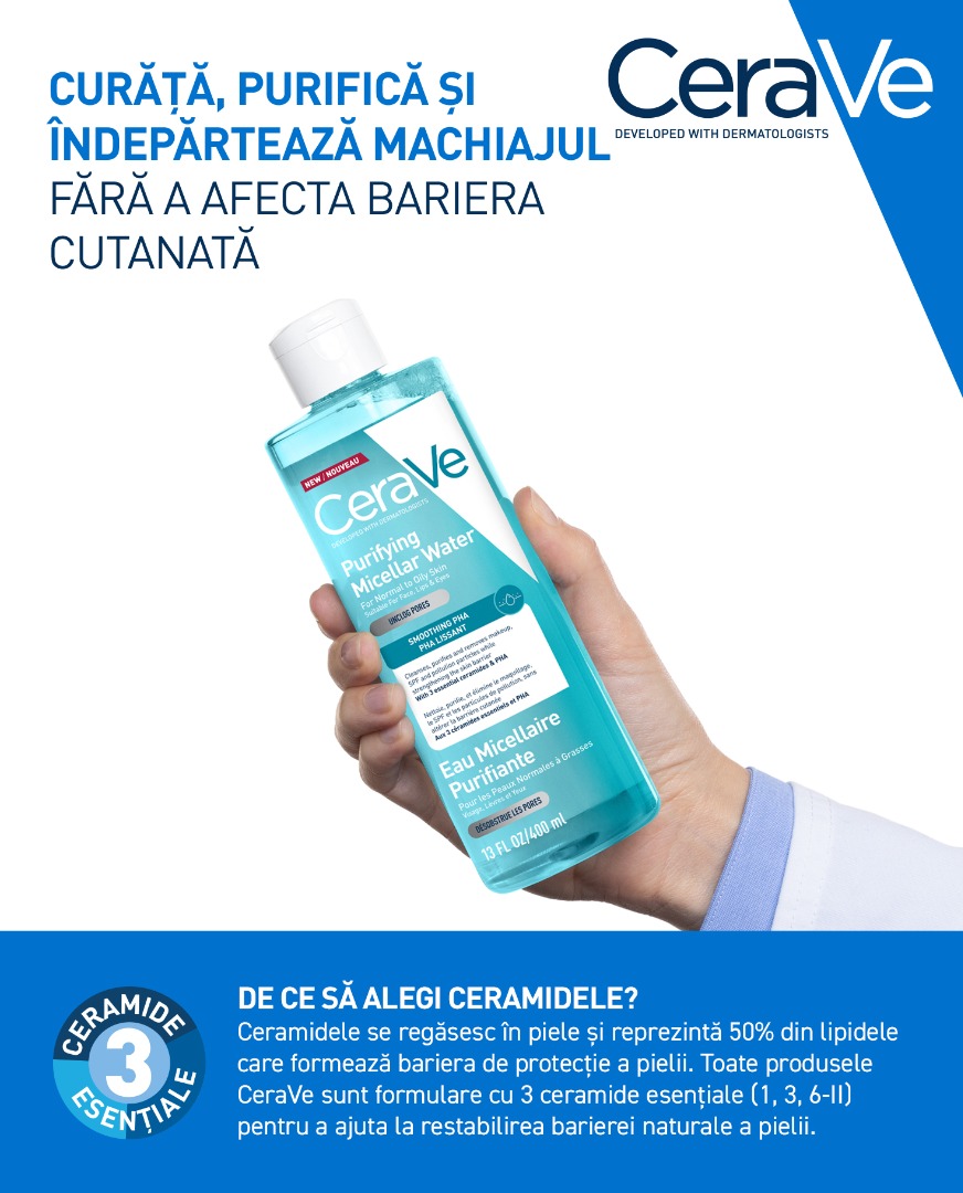 CeraVe Apa micelara Purifianta - curata, purifica si indeparteaza machiajul