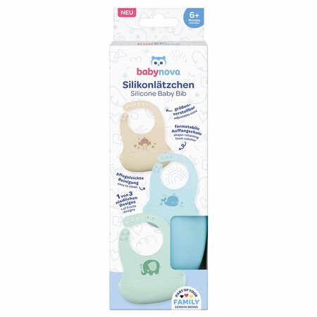 Baveta din silicon cu buzunar pentru firimituri, Albastru, Verde, Bej, 6 luni+, 1 bucata, Babynova 798974