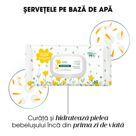 Servetele umede pentru bebelusi, 60 bucati, Klorane Bebe 798984