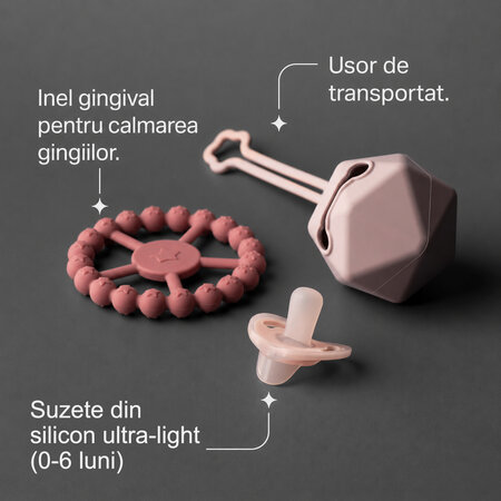 Set suzeta Ultra Light 0-6 luni + Suport pentru suzeta + Inel de dentitie 3 luni+, Roz, Tommee Tippee 799995