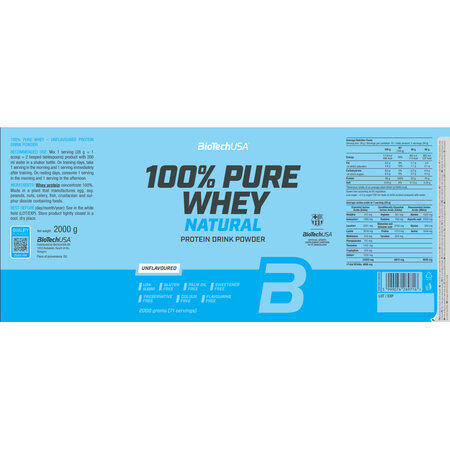 Pudra proteica fara aroma 100% Pure Whey, 2000 g, BioTech USA 800147