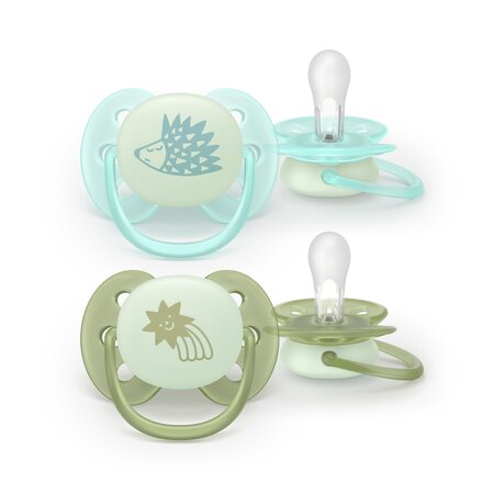 Set suzete fosforescente Ultra Soft Avent, Verde, 0-6 luni, SCF094/01, 2 bucati, Philips 800659