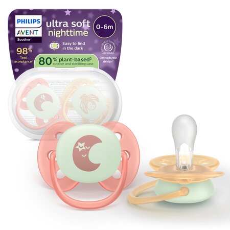 Set suzete fosforescente Ultra Soft Avent, 0-6 luni, SCF094/02, 2 bucati, Philips