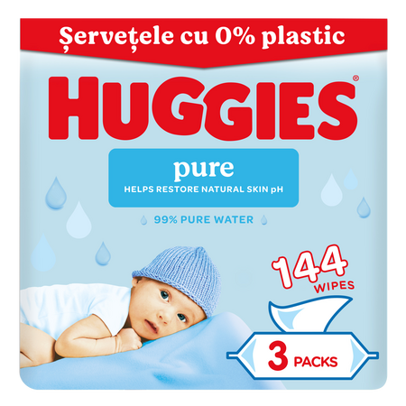 Servetele umede fara plastic Pure, 3 x 48 bucati, Huggies 804915