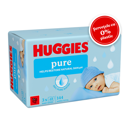 Servetele umede fara plastic Pure, 3 x 48 bucati, Huggies