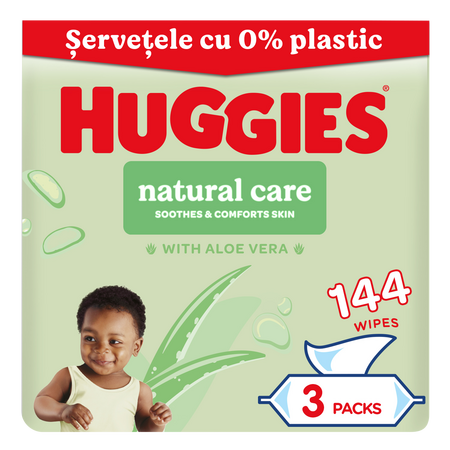 Servetele umede fara plastic Natural Care, Aloe Vera, 3 x 48 bucati, Huggies 804926