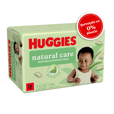 Servetele umede fara plastic Natural Care, Aloe Vera, 3 x 48 bucati, Huggies