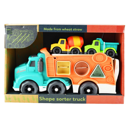 Camion transport cu sortator de forme si 2 masinute de santier din bioplastic, Tellus, 18 luni+, Robetoy 803349